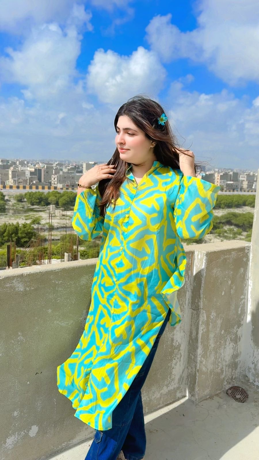 Green Yellow Print Long Kurti