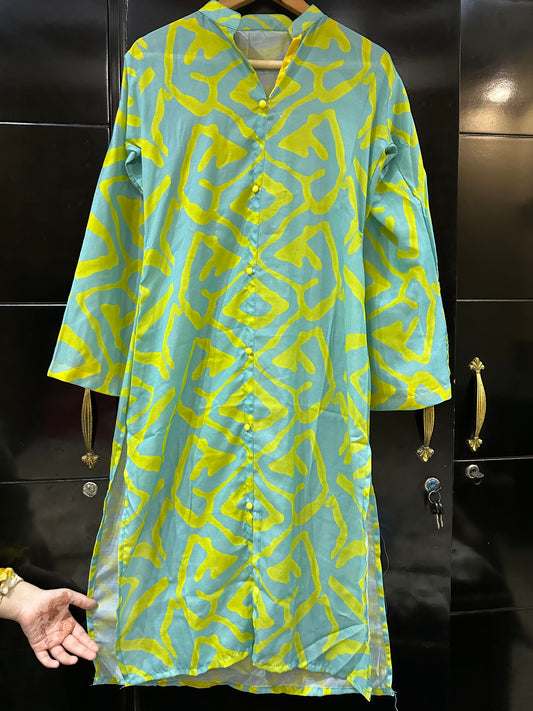Green Yellow Print  Long Kurti